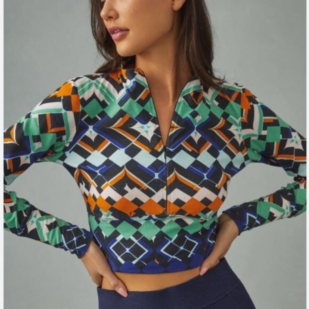 Anthropologie Geometric‎ Half-Zip Cropped Mock Neck Long Sleeve Top Multicolor